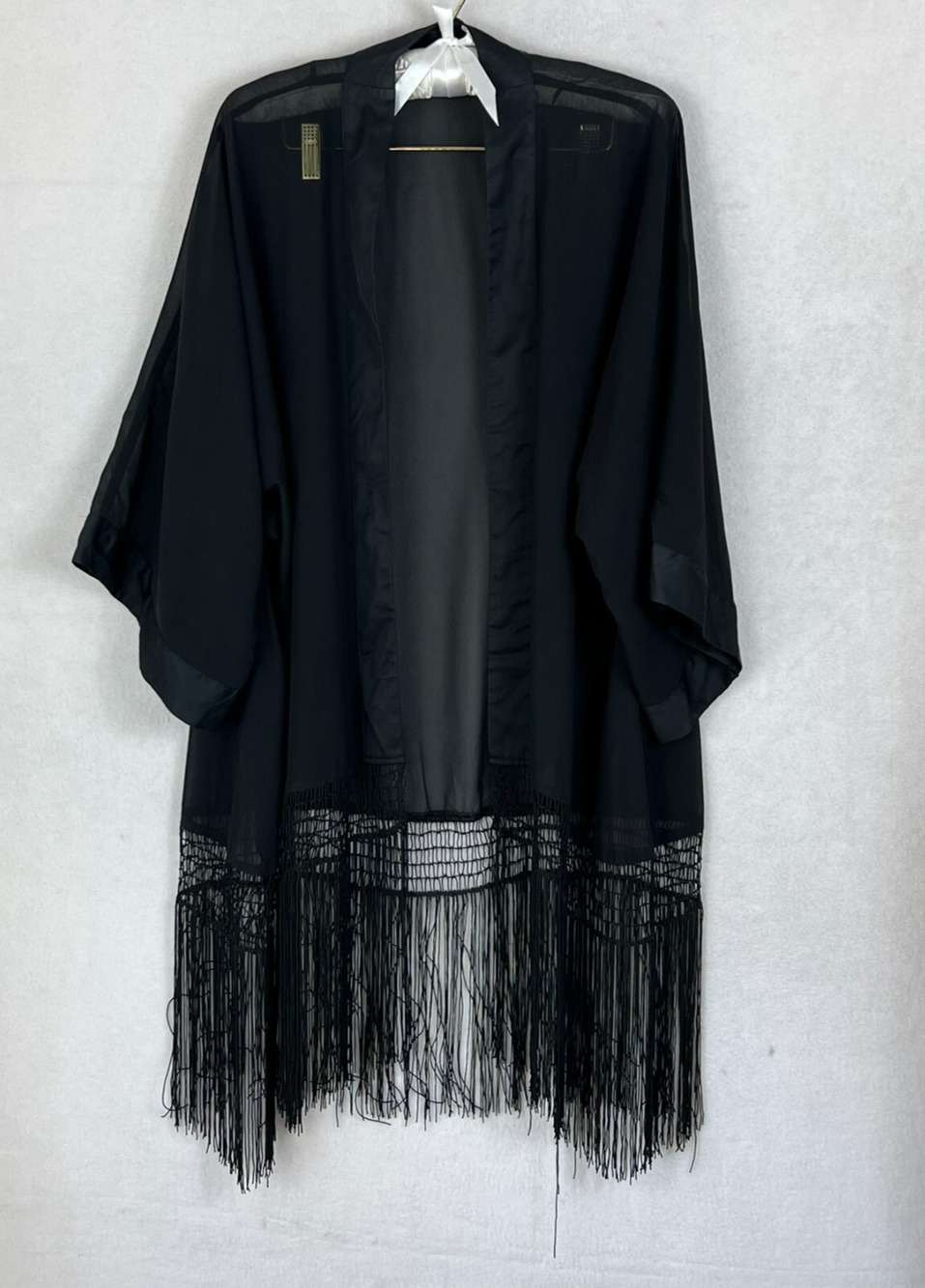 H&M Women's Size M Kimono Black Fringed 3/4 Sleeve Beach Jacket Boho